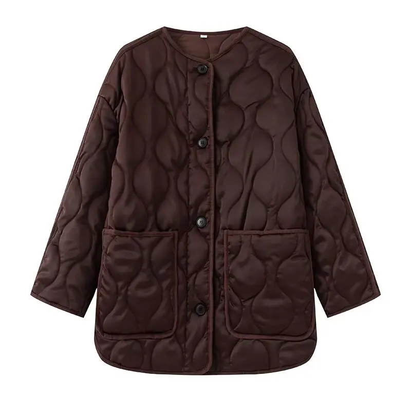 American Spring and Autumn Silk Satin Texture Round Neck Single Breasted Mid Length Loose Casual Cotton Jacket Coat for Women