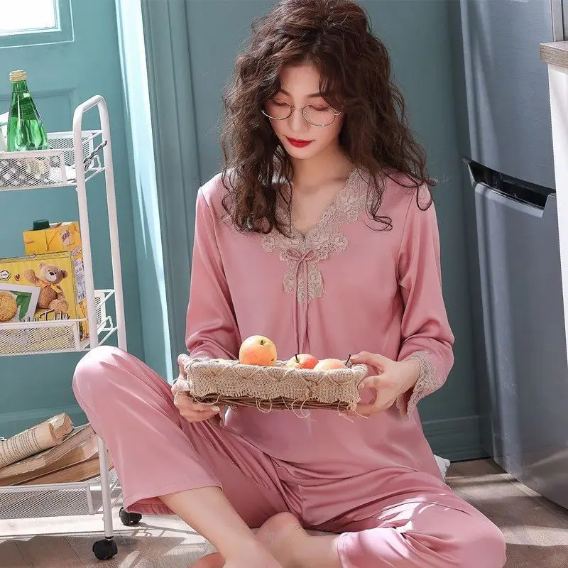 Ice Silk Kawaii Clothes Women Sleepwear Big Size Long Sleeve Pants Pajama Sets Lace Loungewear Sets Korean Spring Autumn Pajamas