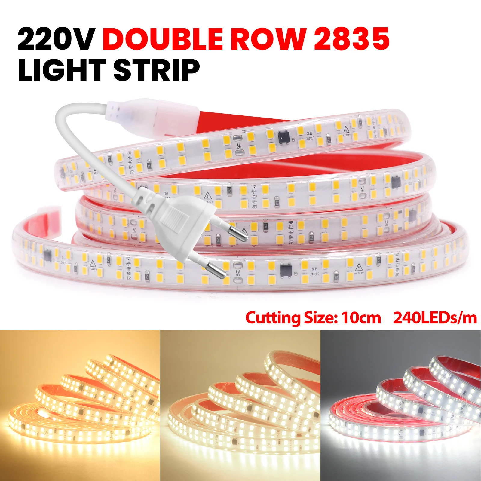 Double Row 220V 230V 240V 2835 LED Strip Adhesive 240LEDs/M IP65 Waterproof Flexible Tape Light With EU Plug Warm Natural White