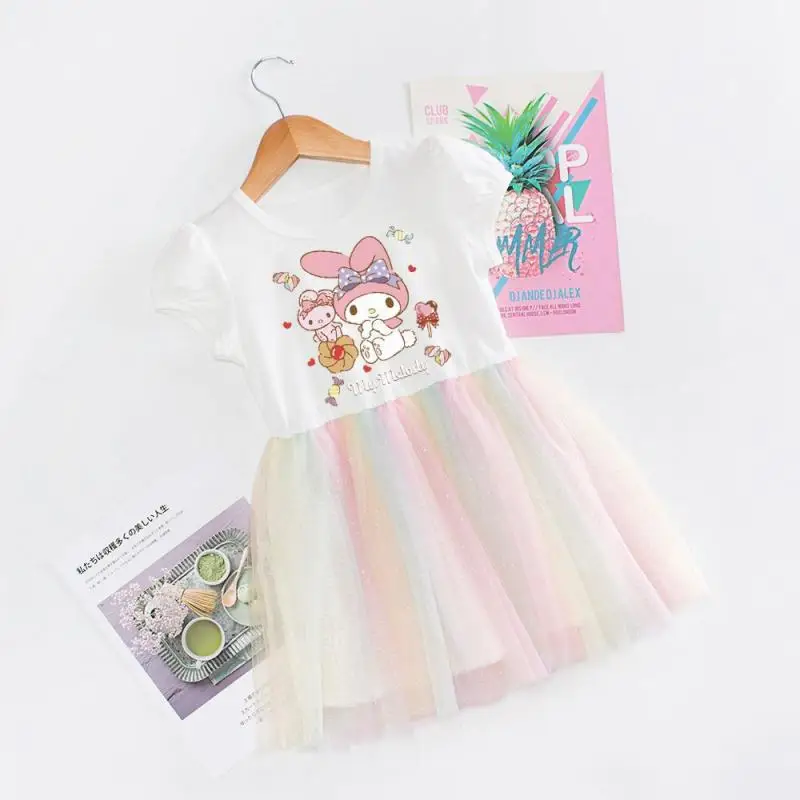 Anime Sanrioed My Melody Kuromi Girls Short Sleeve Dress Sweet Party Princess Dress Cute Gauze Skirt Summer Fashion Kids Clothes