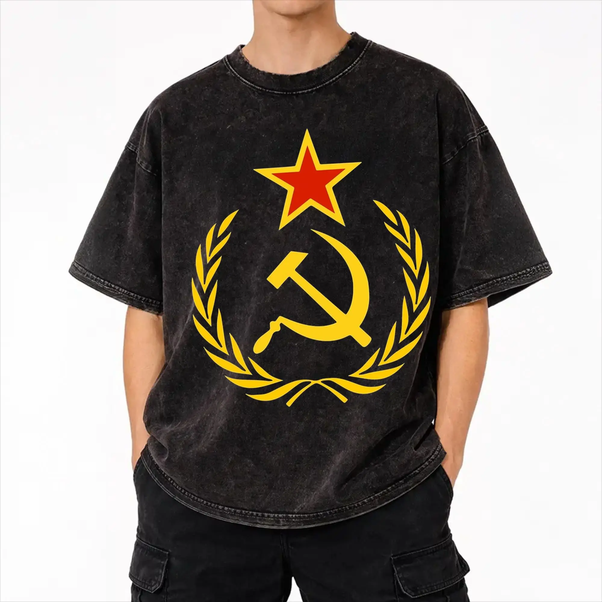 Soviet Hammer cccp T Shirt Hip Hop Washed Short Sleeve Oversize T-Shirt  Retro for Men Women Streetwear