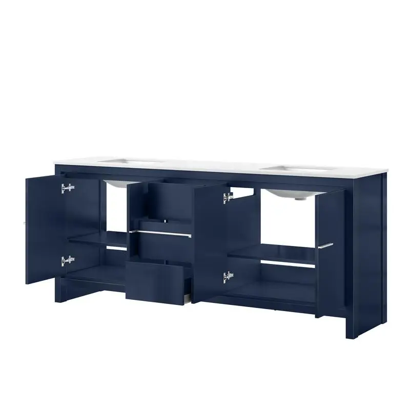خزانة مزدوجة باللون الأزرق الداكن مقاس 80 بوصة مع سطح كوارتز أبيض، وخزانة حوض حمام عميقة مقاس 20 بوصة