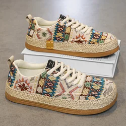 Wide Toe Ethnic Style Embroidered Casual Shoe For Men Chinese Style Linen Spring Sneaker Straw Plaited Article Flats Lace-up