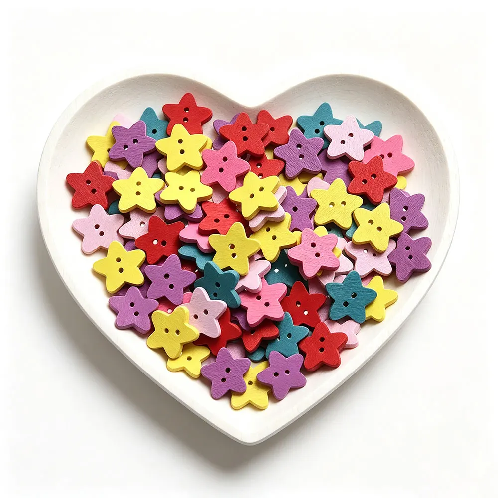 500PCS 15MM 2 Holes Wooden Buttons for Sewing Crafting DIY Wooden Five-pointed Star Heart Love Children's Handmade Wooden Buckle