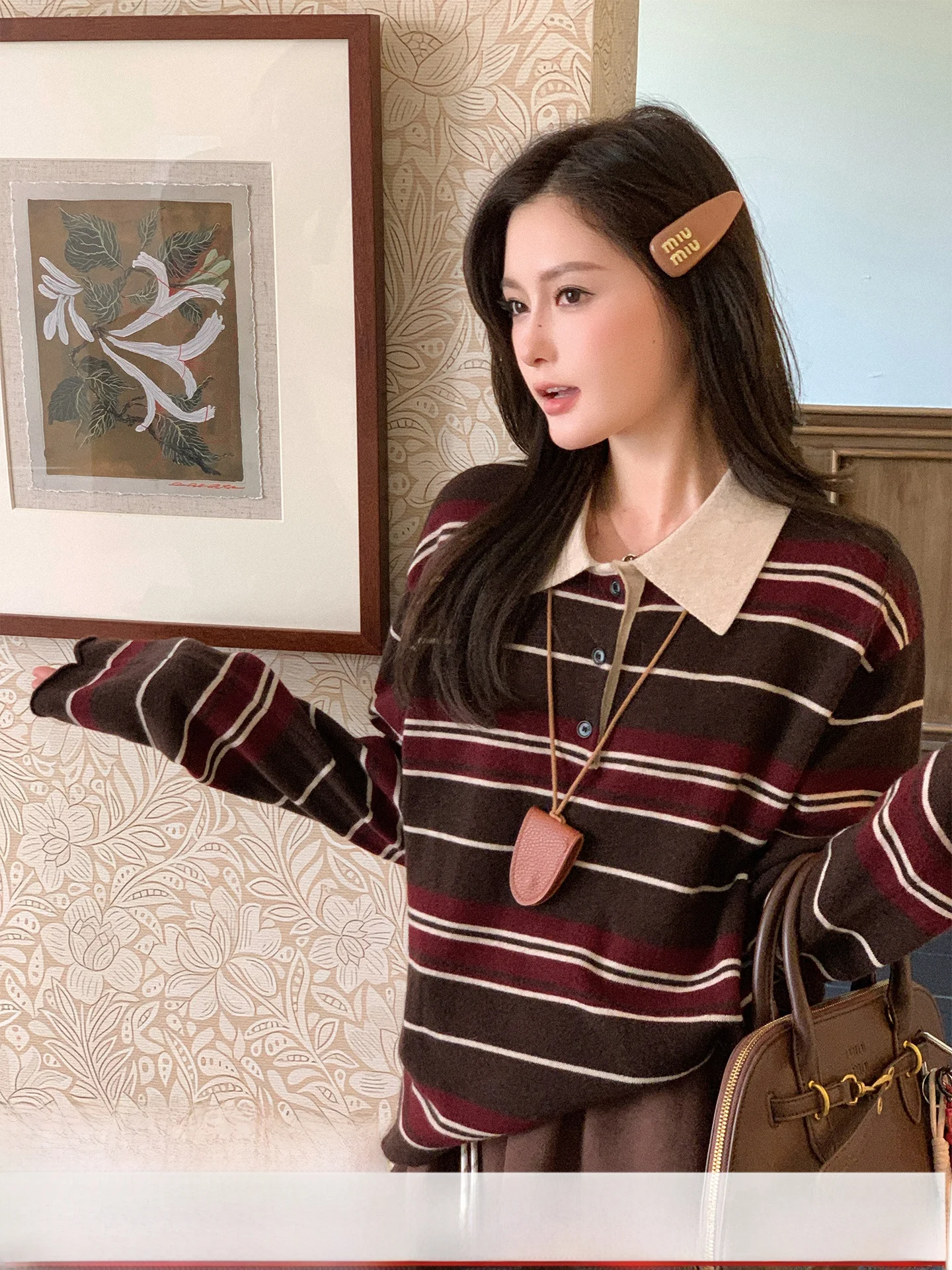 

Женский вязаный топ Camere из смешанной шерсти в полоску, обычный све с длинным воротником, простой модный винтажный американский...