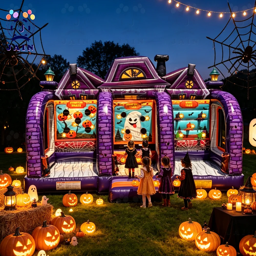 5M High Inflatable Halloween Carnival Game  3 in 1 Set Including Axe, Ring Toss, and Blower