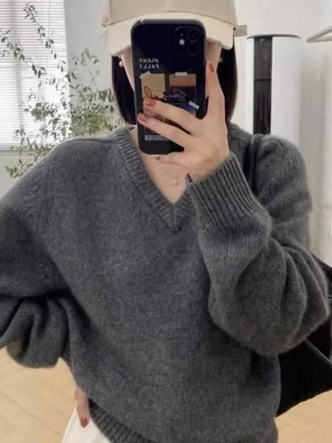 

Новый шерстяной женский свободный повседневный длинный вязаный свитер с v-образным вырезом и v-образным вырезом, топ