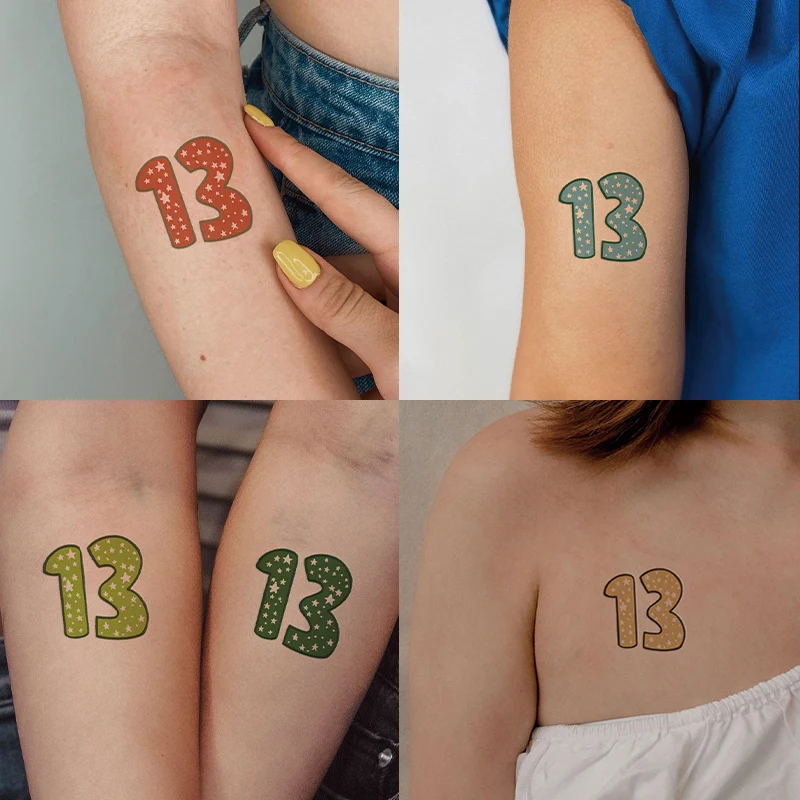 Tatuaje adhesivo número 13, tatuaje falso duradero para mujer, hombre, arte de concierto, tatuaje temporal, Tatuajes de letras de imitación, Tatuajes impermeables