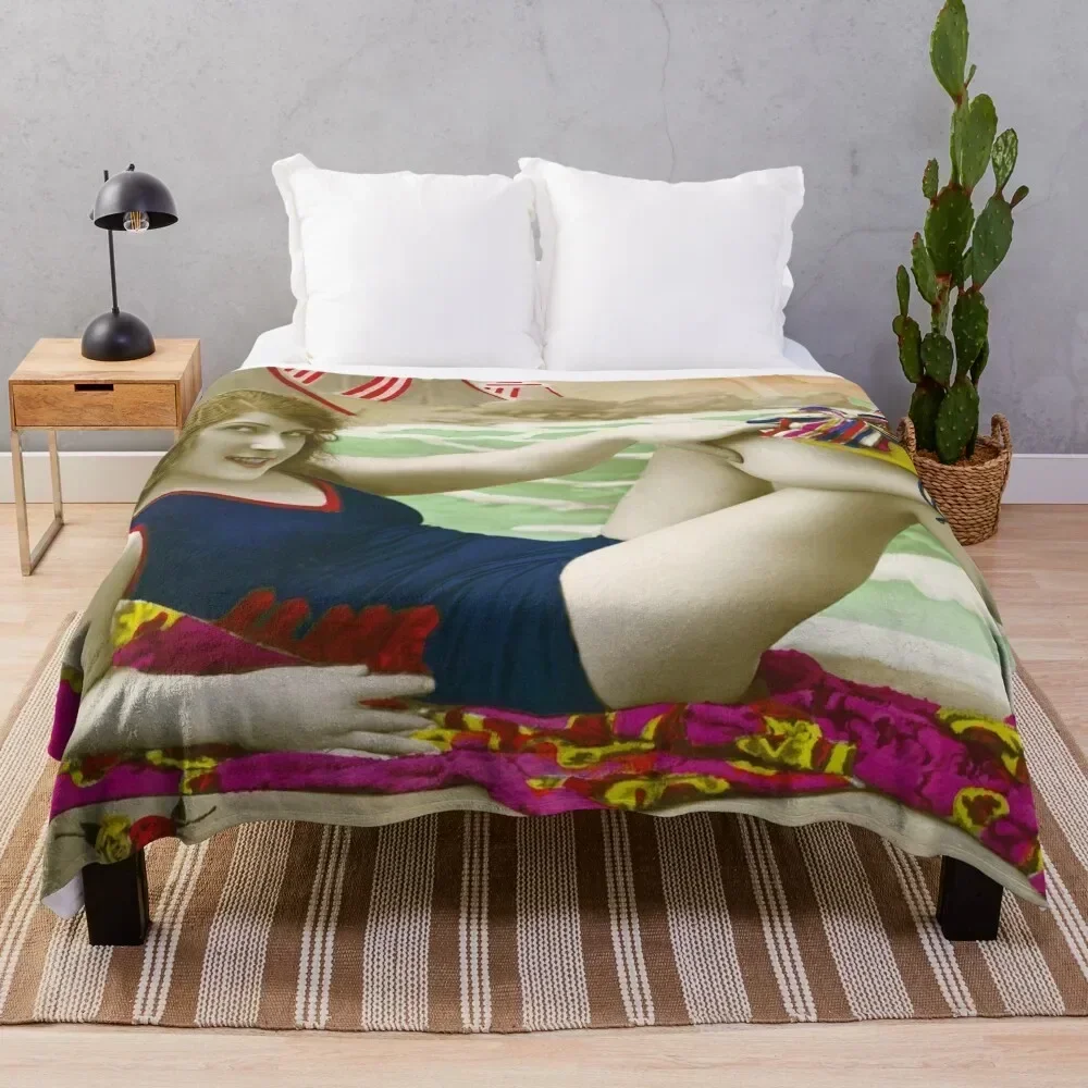 

Attractive woman from the 20s on the beach Throw Blanket Stylish Decor Blanket Gift for Friends Roommate