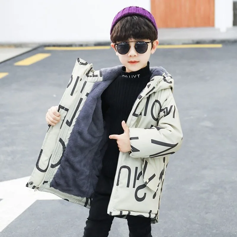

2025 New Boys Autumn Winter Fleece-Lined Thickened Cotton Parka Coat Mid To Long Length Fashionable Cotton Jacket for Children