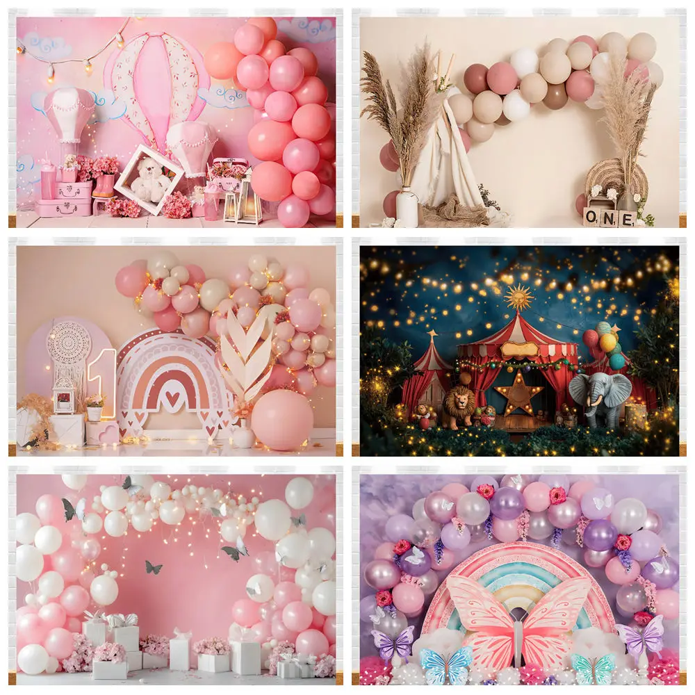

Newborn Baby 1st Birthday Backdrop for Girl Boy First Birthday Party Cake Smash Boho Balloon tapestry Photography Background