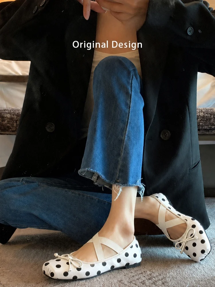 

Sheepskin Version Mary Jane Ballet Flat Women's Shoe Increased Height Crossed Strap Polka Dot Elegant Style Casual Shoes