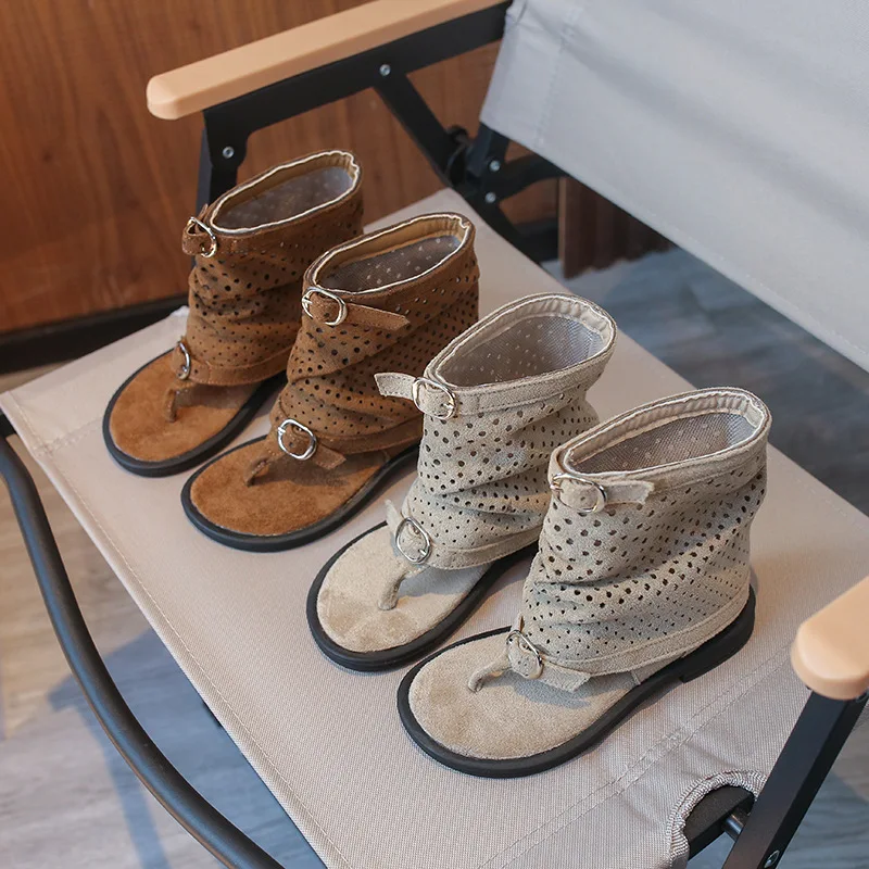 

Summer New Girls Sandals Fashion Toe Hollow Children Cool Boots Non-slip Soft Bottom Flat Roman Sandals