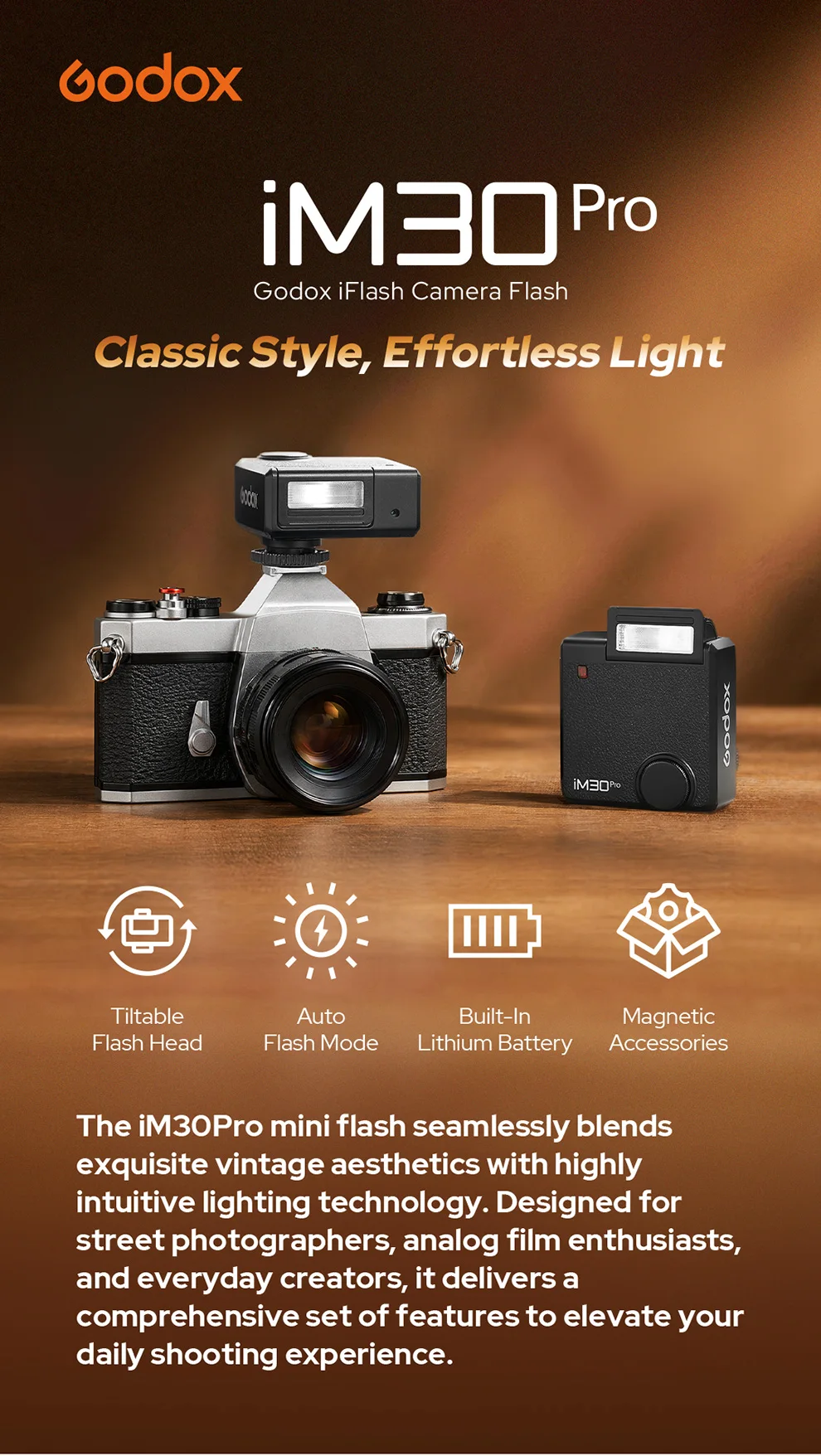 【NEU】GODOX IFlash IM30 Pro IM30Pro Kamerablitz mit verstellbarem Neigungskopf, Speedlite, integriertem Akku, universeller Blitzschuh für C/N/S/F/O – Detail 1