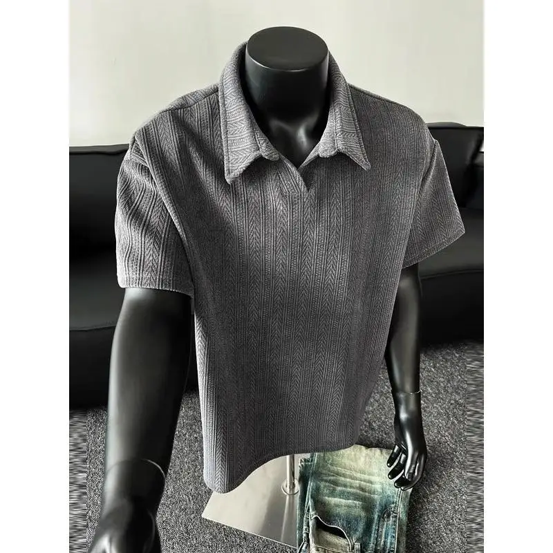 Casual Men's Summer Polo Shirt with Turned-Up Collar Gray Jacquard Pattern Oversized Fit Youth - Trendy Half-Sleeved Streetwear