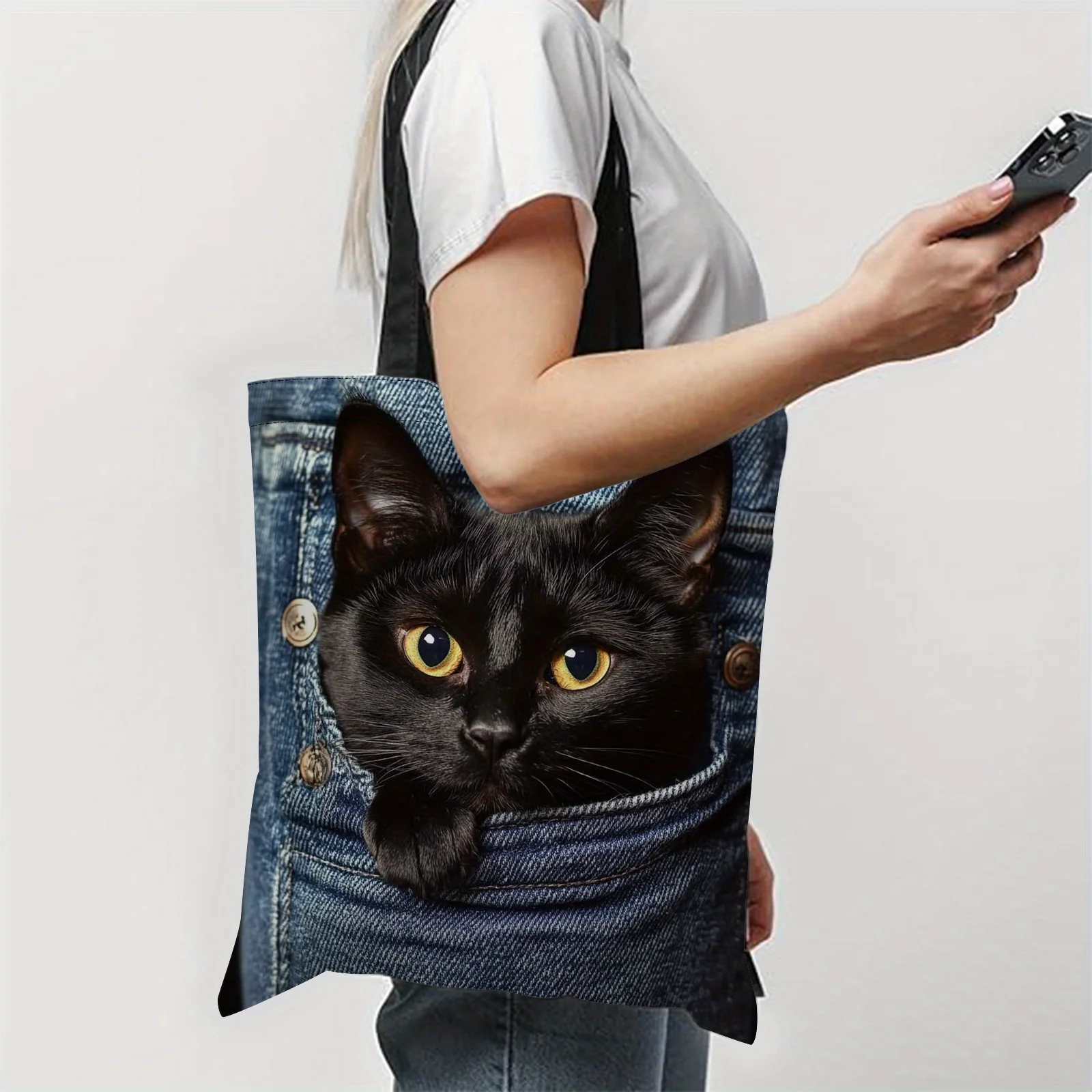 Premium Black Cat in Jeans Pocket Handbag Stylish Denim Blue Shopping Bag with Realistic Cat Design Shoulder Bags