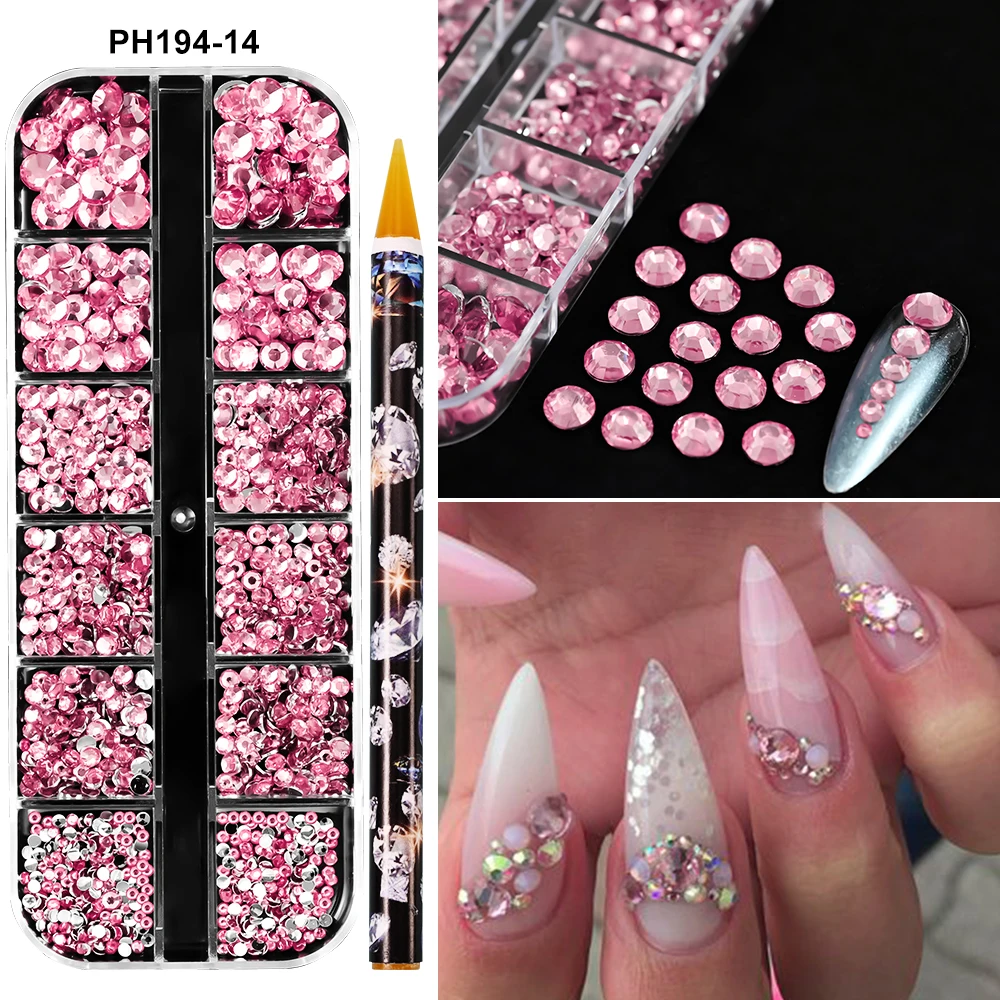 980 unid/caja Día de San Valentín rojo de lujo Nail Art Rhinestone SS4-SS16 redondo rojo brillante uñas diamante con lápiz de selección manicura cristal