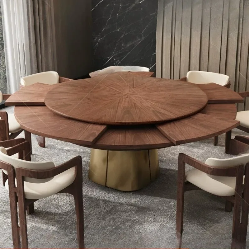 Large round table solid wood deformation dining table rotating electric change large Italian black walnut round dining table