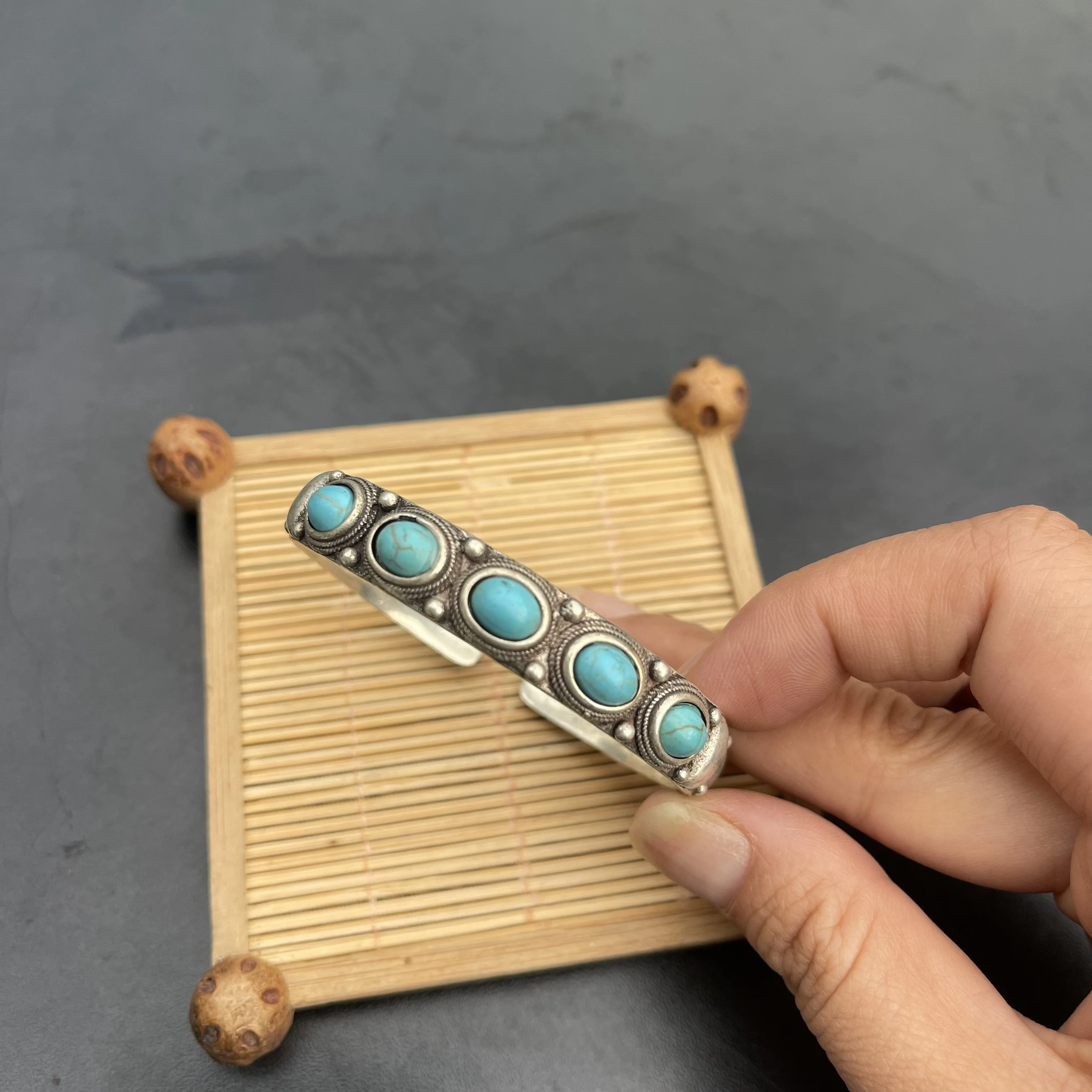 Vintage Tibetan Open Cuff Bangle, Handmade Nepal Ethnic Bracelet Inlaid Turquoise/Green/Red Stones, Antique Silver Boho Tribal J