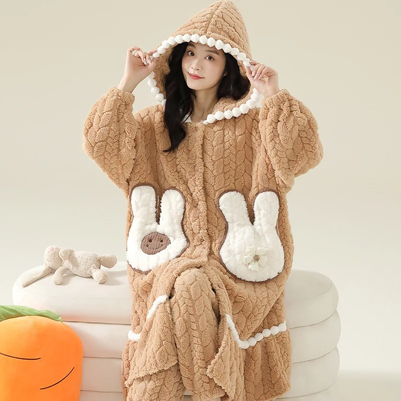 Panda Cartoon Cute Winter Warm Nightwear for Women Coral Fleece Robe & Pant 2Pcs/set Sleepwear with Hood Young Girl Mujer Pyjama