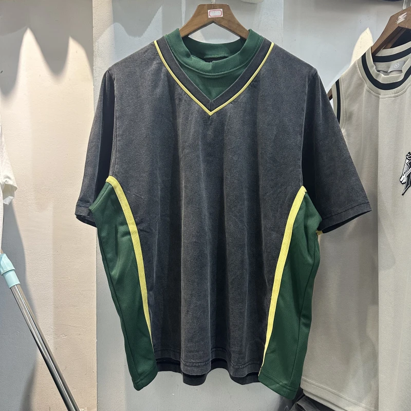 

2025 Summer New Vintage Tee Washed Patchwork Loose Oversized Short Sleeve T-shirt Men Women Cotton Tops