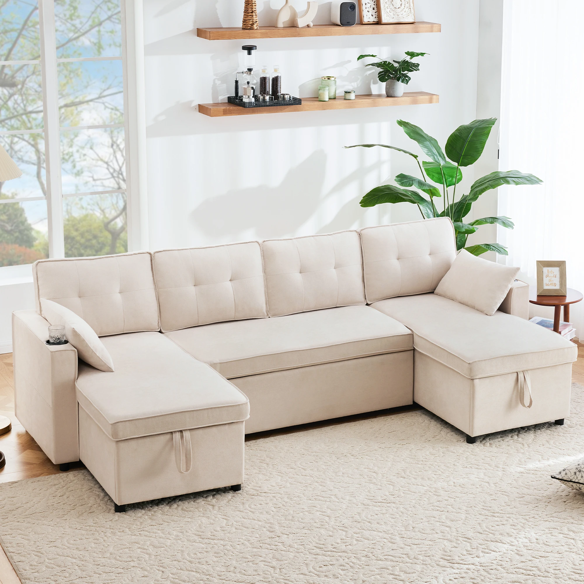 Sofá panorámico U de 4 plazas con espacio de almacenamiento, portavasos, lino de algodón beige 270 × 130 × 86