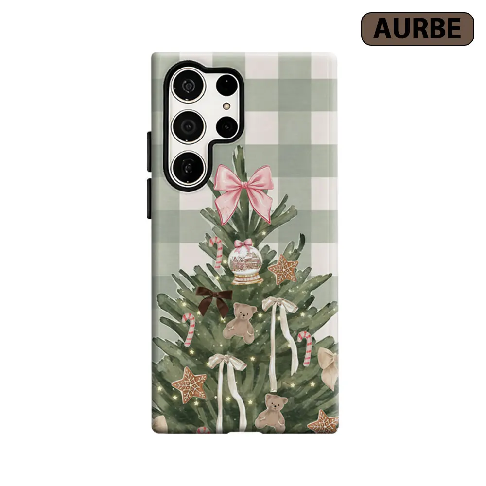 Aurbe Phone Case For Samsung Galaxy S26 S25 S24 S23 Ultra Plus HD Hard Christmas Tree Green Checkerboard Double Layer Film Cover
