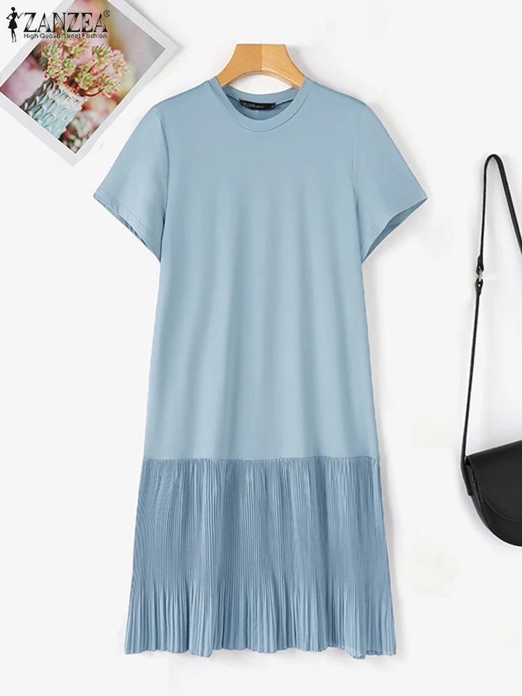 ZANZEA Casual Solid Pleated Dress Women Summer Short Sleeve Knee Length Robe 2024 Korean Loose Simple Patchwork Vestido Oversize