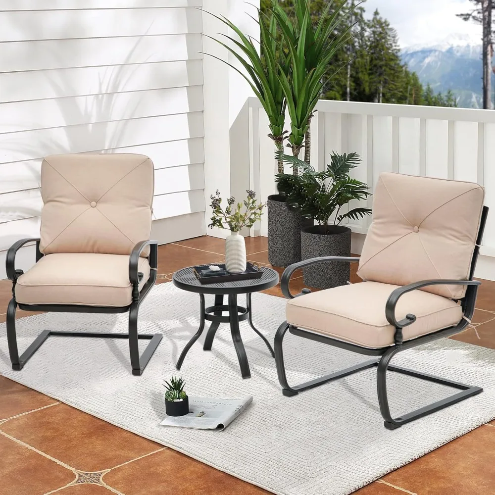 Outdoor Bistro Set 3-Piece Spring Metal Lounge Cushioned Chairs and Bistro Table Set Wrought Iron Cafe Furniture Seat