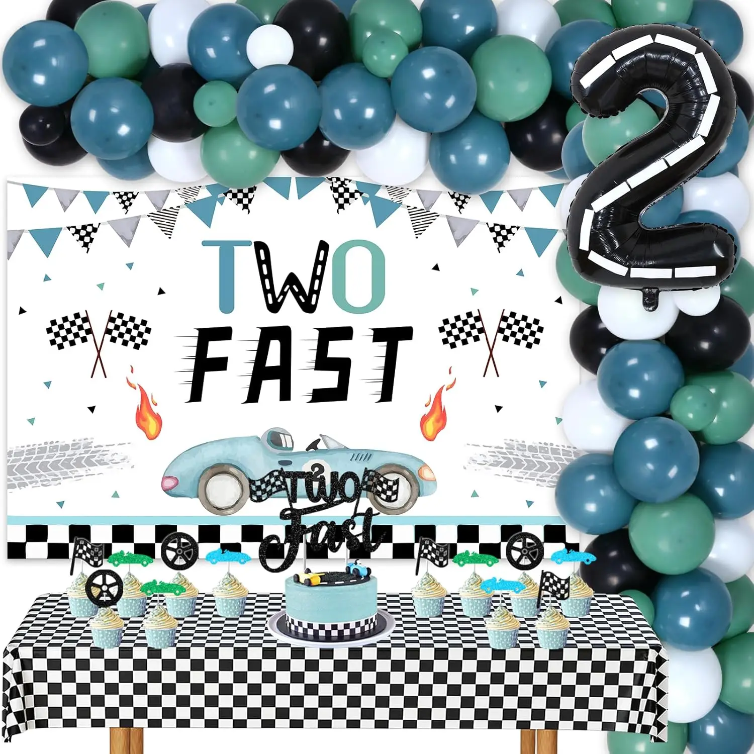 fangleland Two fast 2nd birthday decorations with boy racing theme for birthday party supplies vintage background cloth balloons