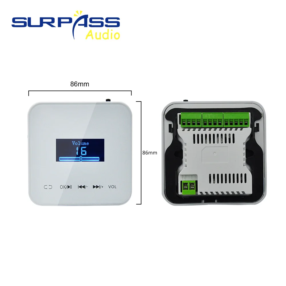 Mini amplificador de fondo de música con pantalla HD bluetooth de 1,77 pulgadas, panel de control para casa y villa, reproductor de audio para baño, compatible con radio FM