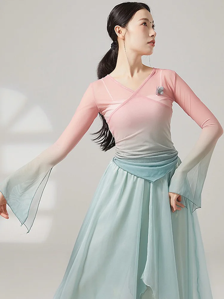 Camisa de baile de manga larga con cuerno para mujer, Top Sexy transparente para danza clásica, Top de bailarina folclórica china, Ropa de baile de malla, rima corporal Hanfu