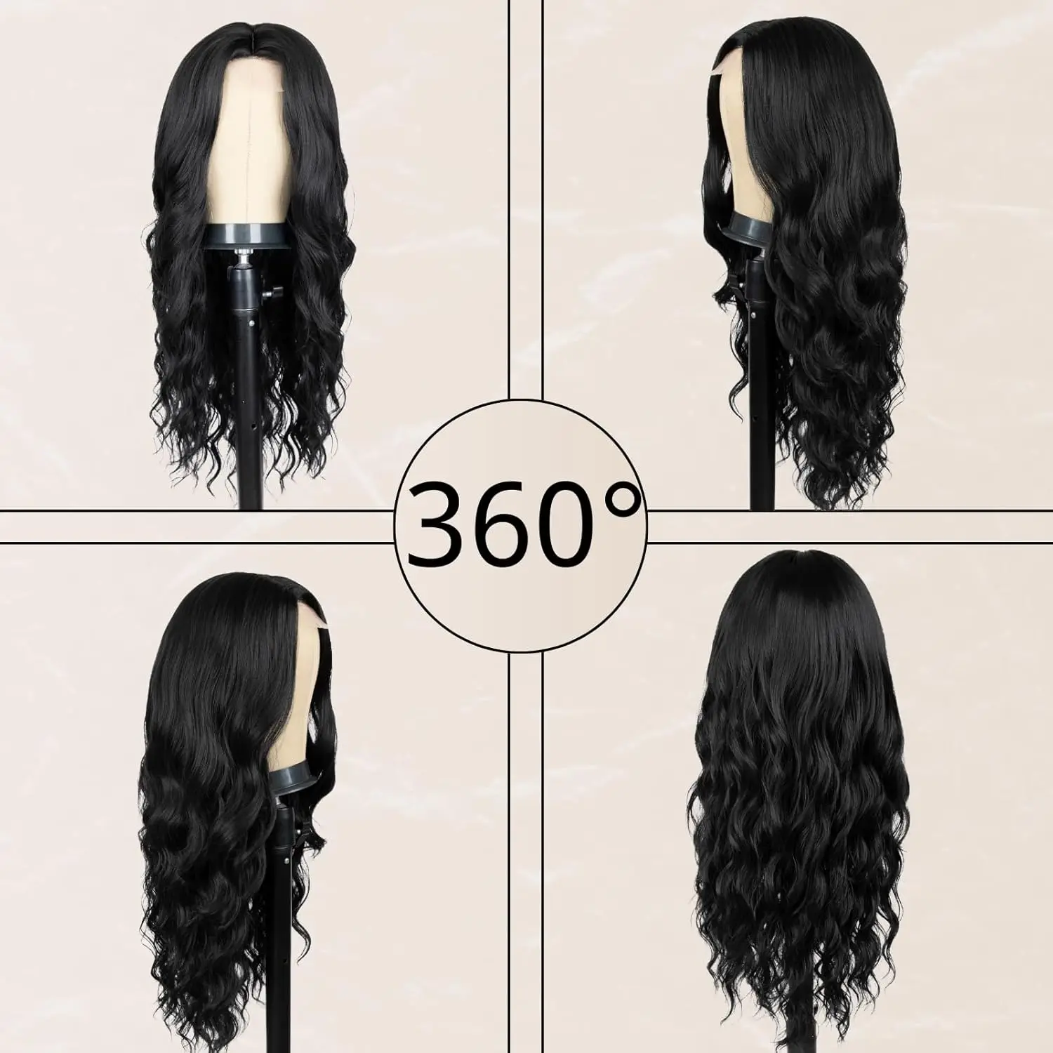 26 Inch Black Wig for Women, Long Wavy Hairline Middle Part Synthetic Heat Resistant Wig for Daily Party