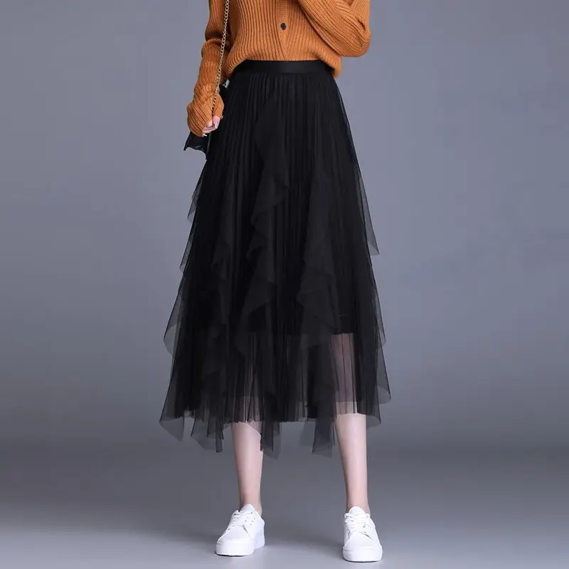 Irregular Gauze Skirt Beige Skirt Women's Autumn and Winter High Waist A Word Mesh Pleated Skirt Medium and Long Swing