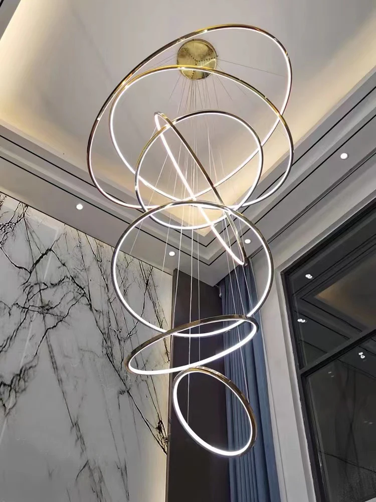 Ring LED chandelier dining room bedroom duplex floor living room large chandelier staircase loft stainless steel chandelier