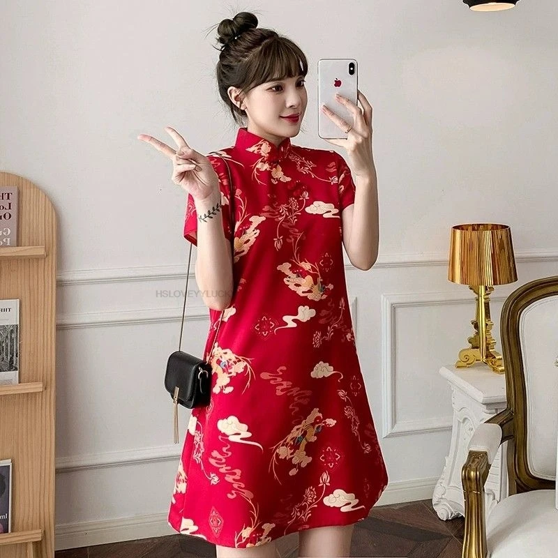 

Traditional Chinese Improved Qipao Cheongsam Retro Flower Print Fairy Dress National Vintage Sweet Dress Oriental Qipao Dress