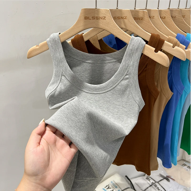 2026 Summer Women Solid Round Neck Ribbed Tank Top Camisole Women Basic Elastic Tank Top O Neck Solid Tank Top