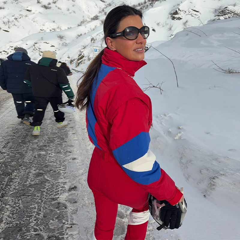 Damen-Skibekleidung, Panel-Design, Stehkragen, lange Ärmel, mit Gürtel, Jumpsuit, Winter, Damen, Reißverschluss, schmal geschnitten, Herbst/Winter, warm, Sportbekleidung, Neu – Detail 11