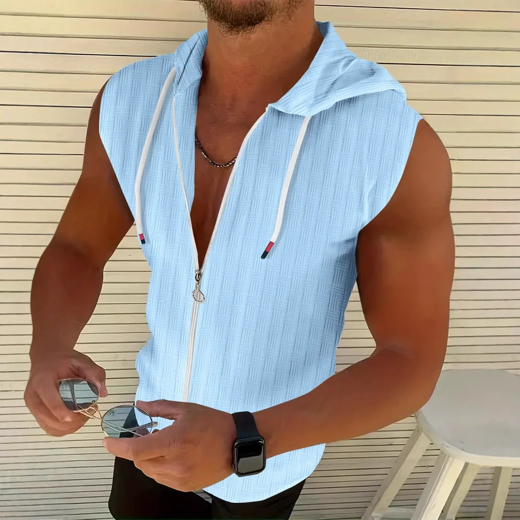 

Men's Summer Sleeveless Hooded Tank Top, Full-Zip Jacquard Solid Color Casual Sweatshirt, Men's Sports Sleeveless Hooded Hoodie