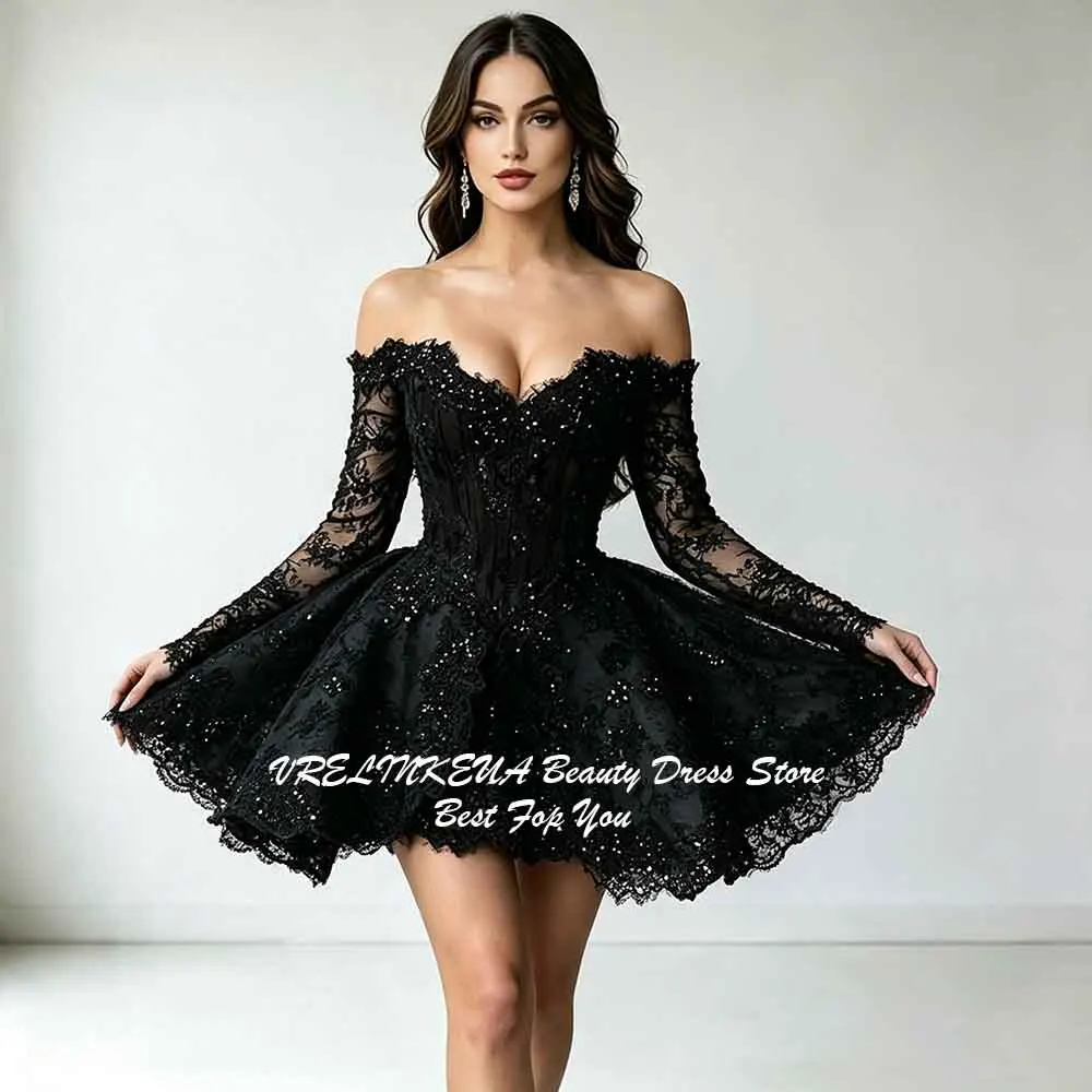 Black Lace Appliques Graduation Dress Long SLeeves Mini Homecoming Dresses For Teens Customized A Line Short Cocktail Prom Dress