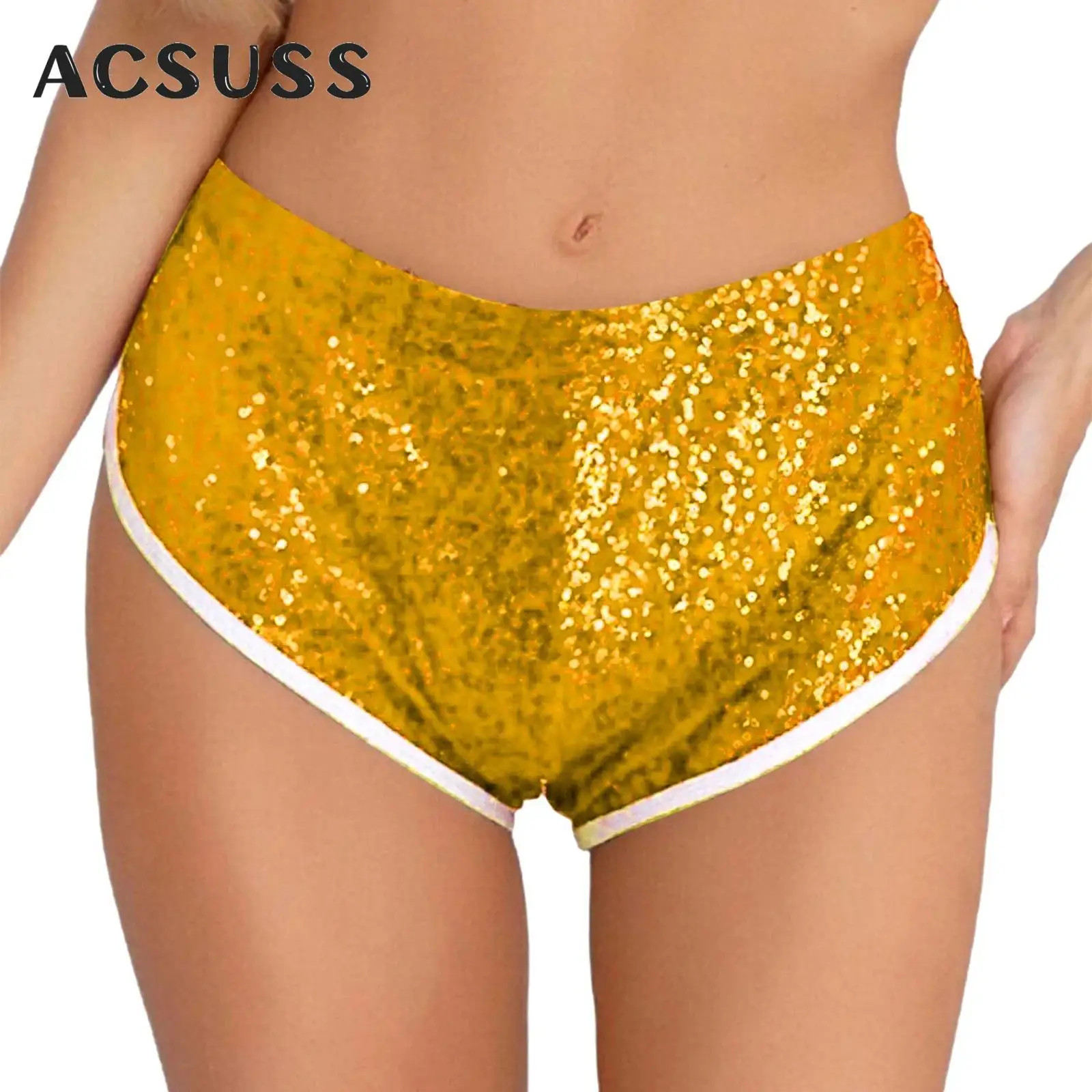 

Женские блестящие шорты с пайетками, эластичный пояс, контрастная цветная отделка, шорты-хотпанты для вечеринок, танцев, клубов, спортзала, тренировок, йоги, спортивная одежда