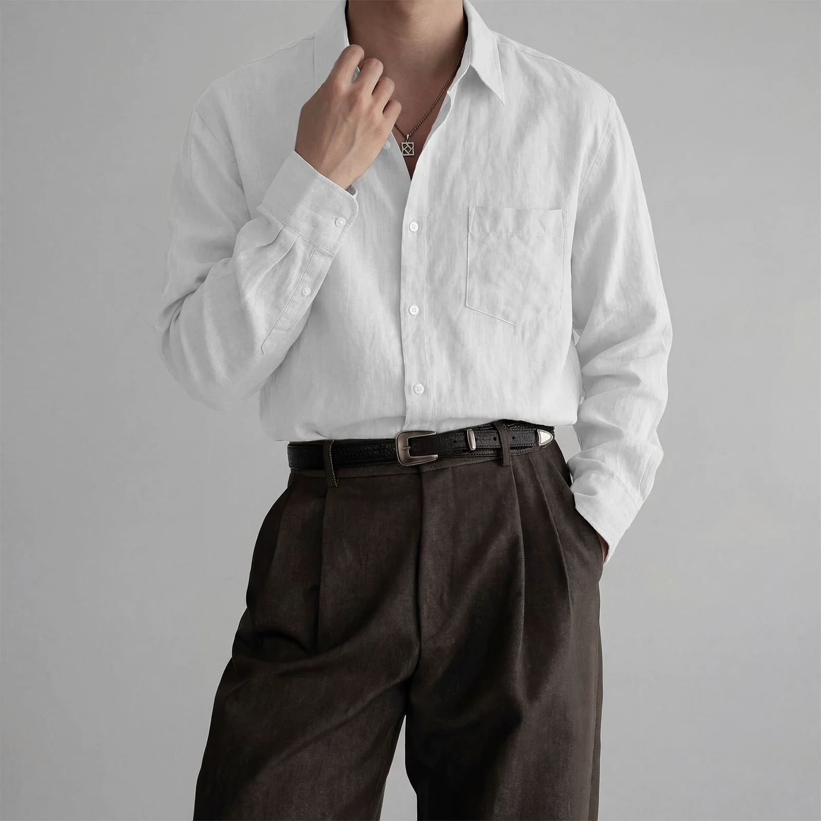 Loose Long Sleeve Cotton Linen Workwear Shirt for Men American Vintage Pleated Fabric Business Commute Shirt Breathable Youth...