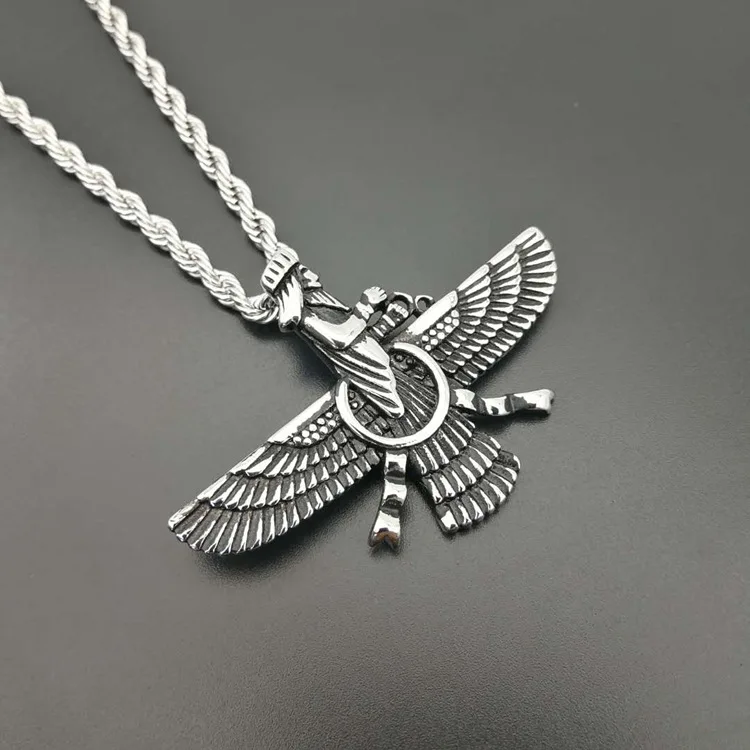 قلادة ذهبية اللون من الفولاذ المقاوم للصدأ للرجال ، قلادة ، نمط الهيب هوب ، faravahura ، Mazda Zoroastrian