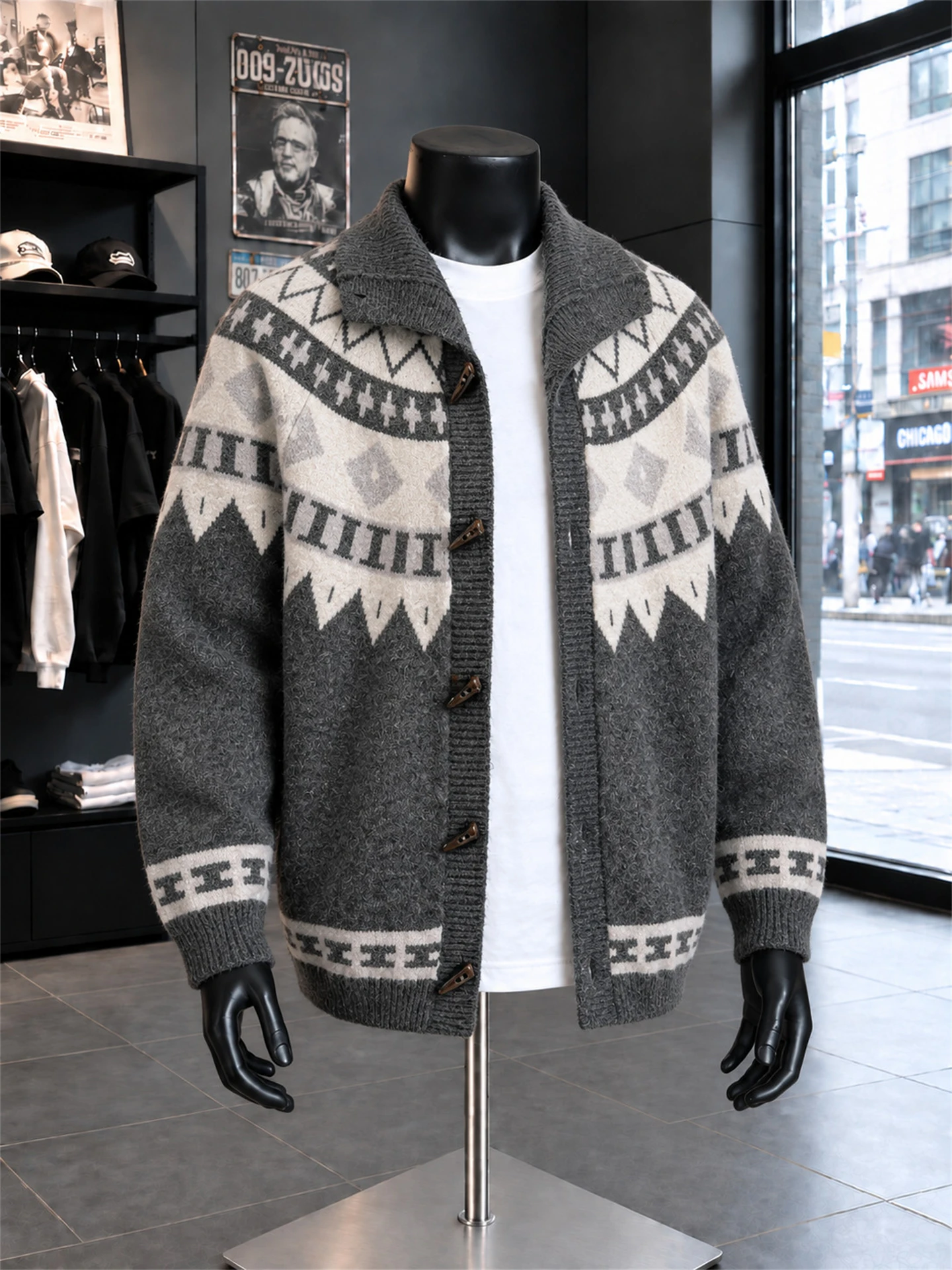 Retro Style Diamond Pattern Knitted Sweater Coat Men's Loose Fit Thickened Long Sleeve Button up Cardigan for Winter Warmth