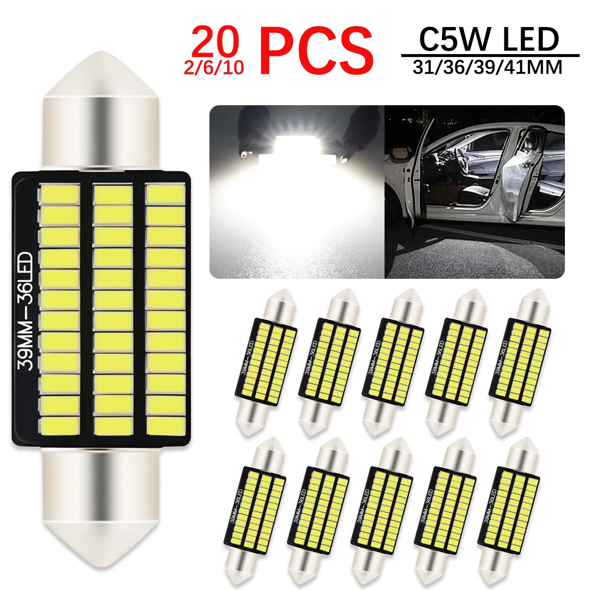 

10 20pcs C5W LED Canbus Festoon 31mm 36mm 39mm 41 mm for Car Bulb Interior Reading Light License Plate Lamp White Free Error