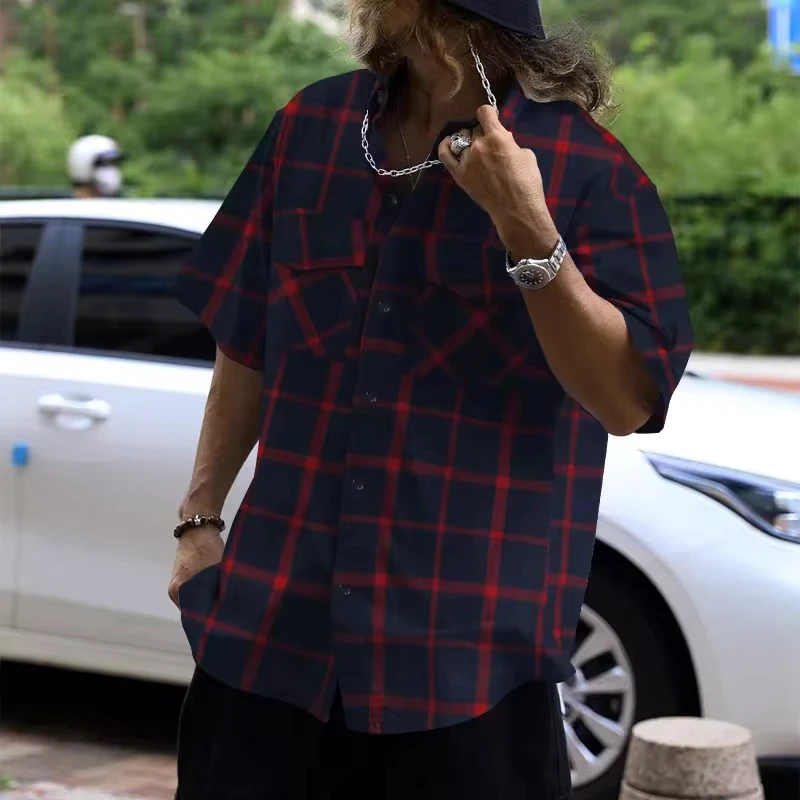 Fashion Men's New Arrival Casual Sport Short Sleeve Shirt with Youthful Trendy Plaid Patchwork and Buttoned  erkek rahat gömlek