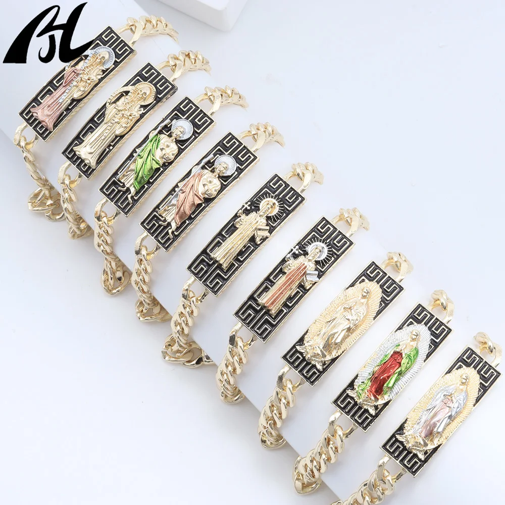 

14K Gold-Plated Saint Judas Virgin Mary Holy Death Religious Bracelet Black Oil-Dropped Style Fashion Chain & Link Jewelry