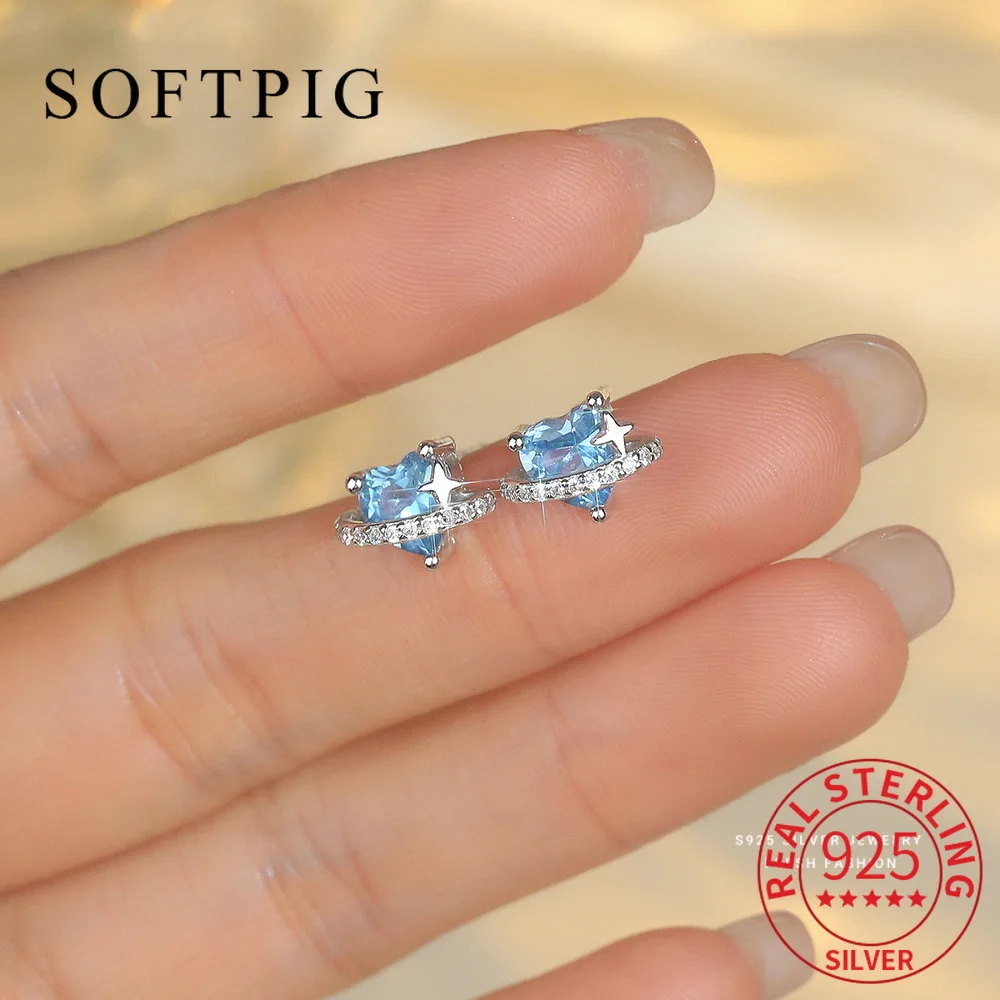 

SOFTPIG Real 925 Sterling Silver Spinel Heart Star Mini Stud Earrings for Women Cute Fine Jewelry Light Luxury Accessories