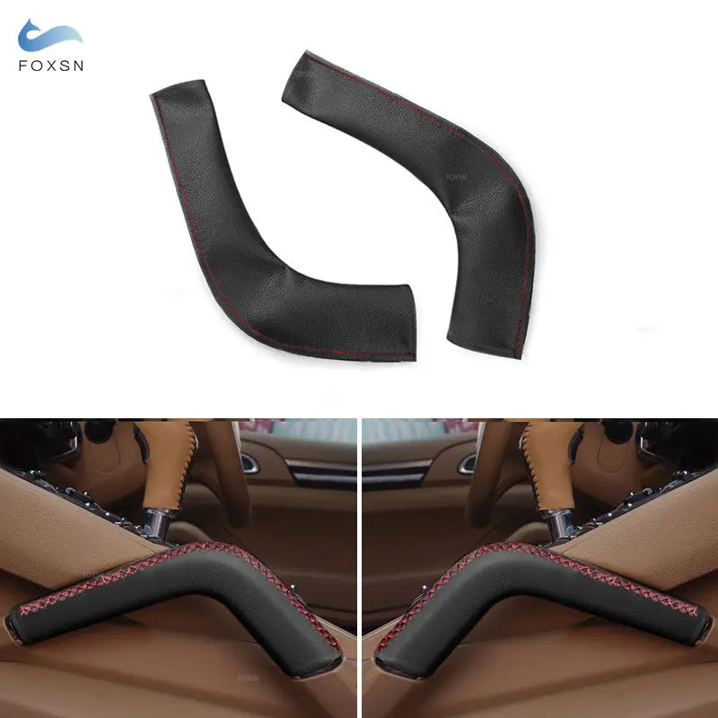 2Pcs Black-Red Line Car Interior Center Central Armrest Handle Cover Hand Sewing Leather For Porsche Cayenne 2011 2012 2013-2016