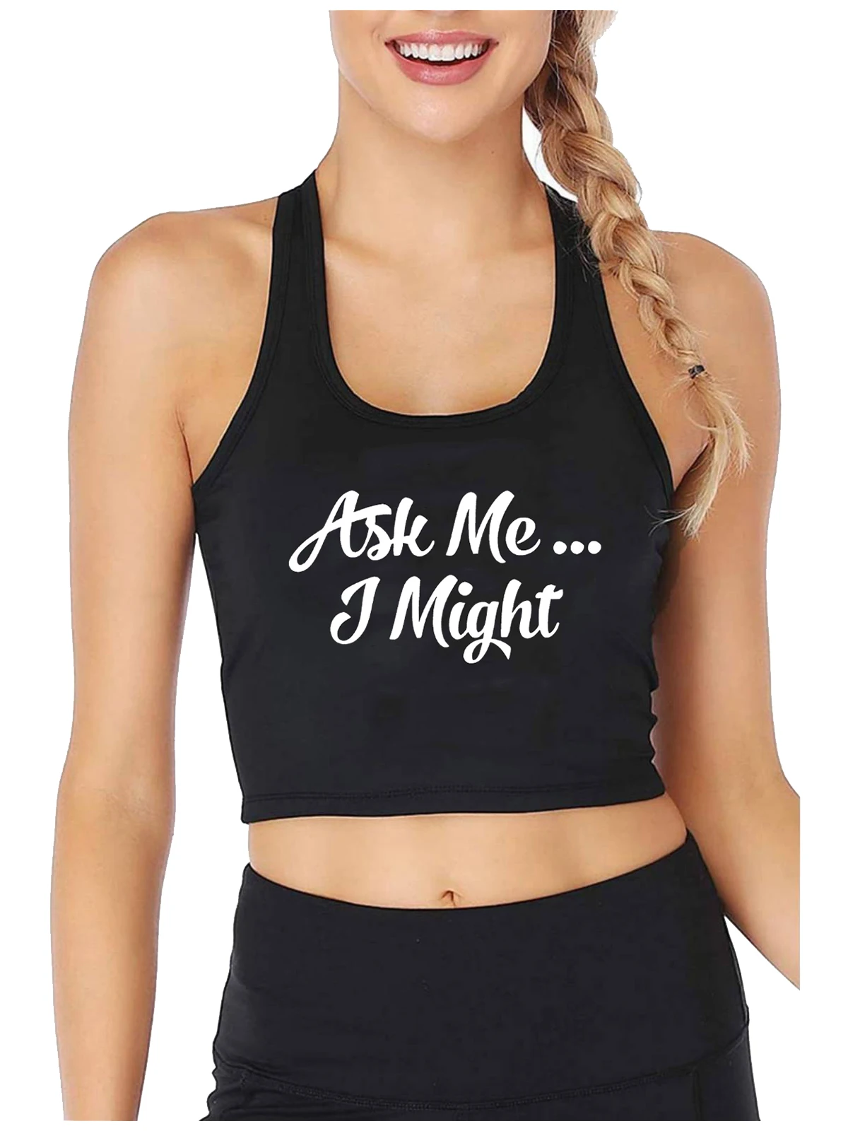 Pregúntame podría travieso coqueto Tease Sexy Top corto ajustado Swinger camisetas sin mangas humorísticas Hotwife camisola transpirable de algodón